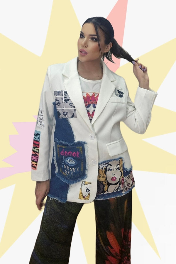 Blazer Parches Comic Blanca