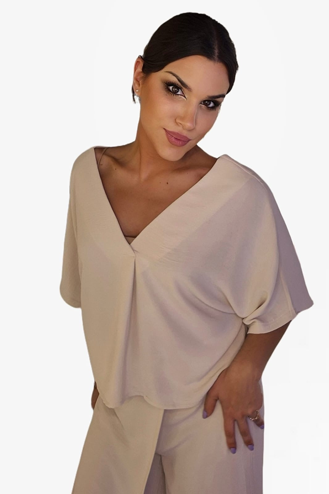 Camisa Escote Fluida Beige
