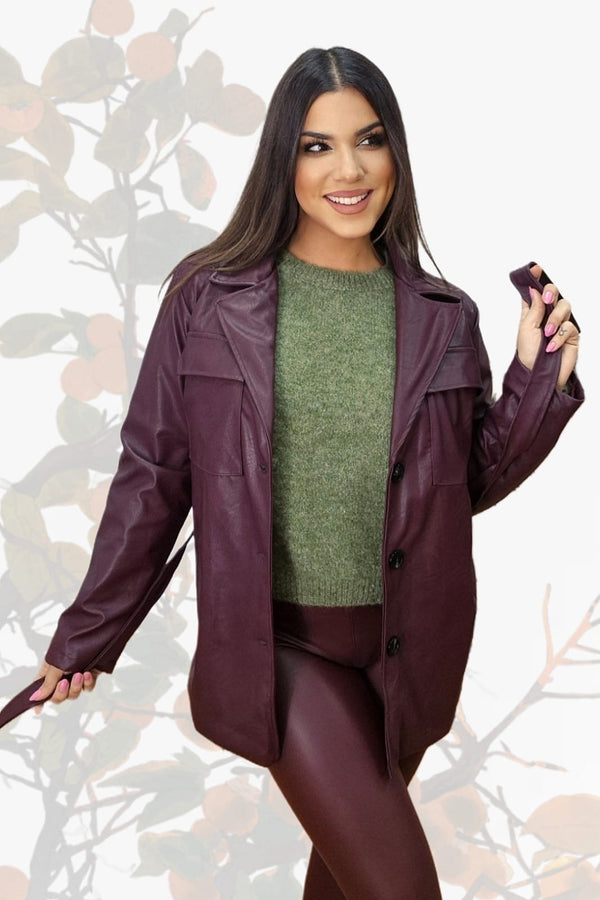 Chaqueta Polipiel Cinturón Burdeos