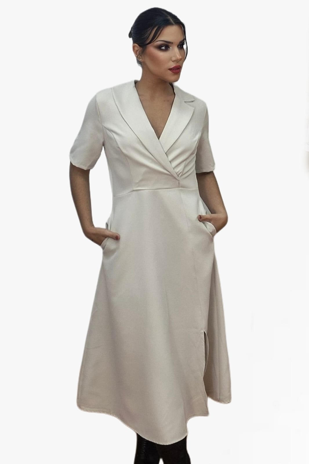 Vestido Camisero Cintura Elastica Beige