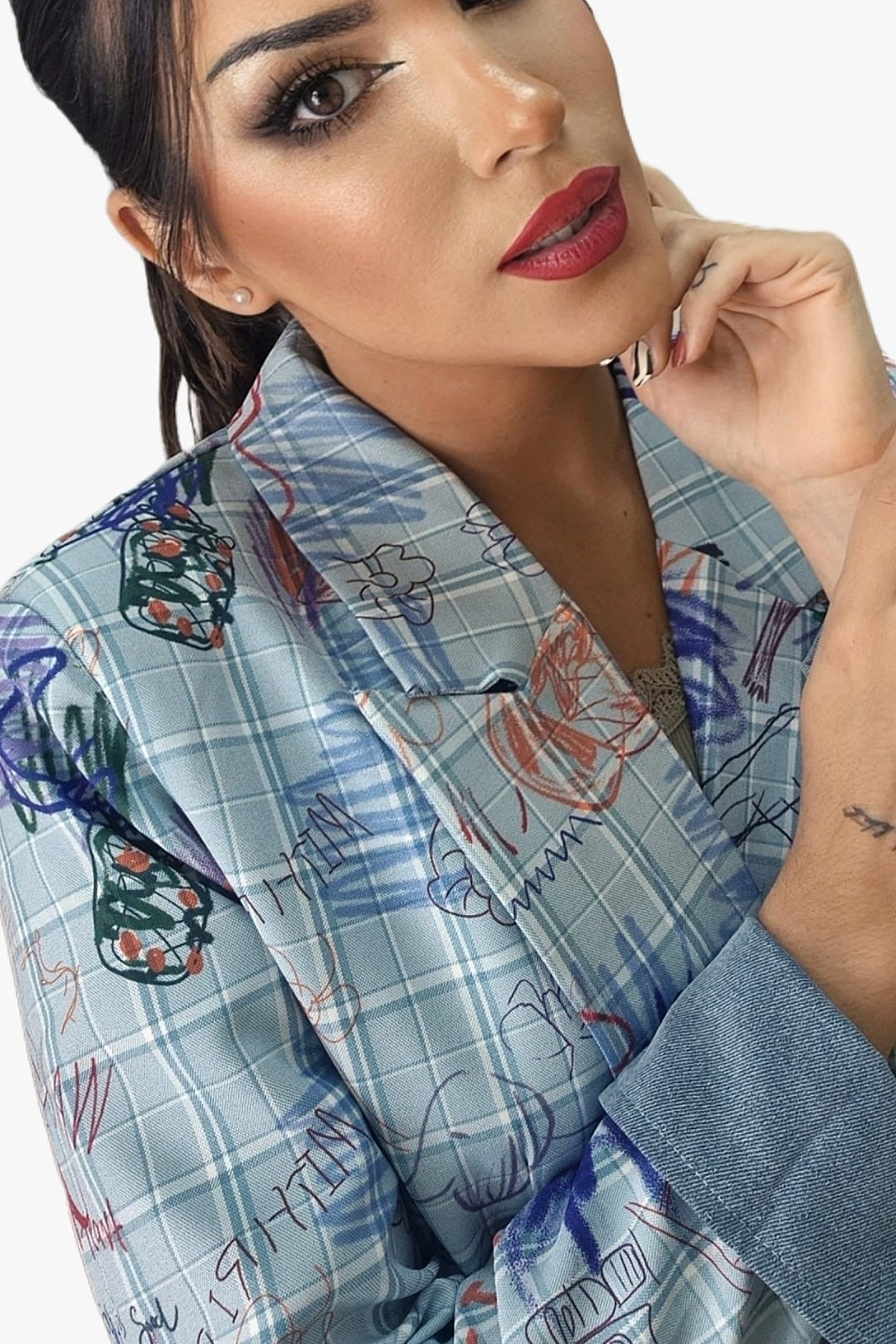 Blazer Cuadros Garabatos Azul