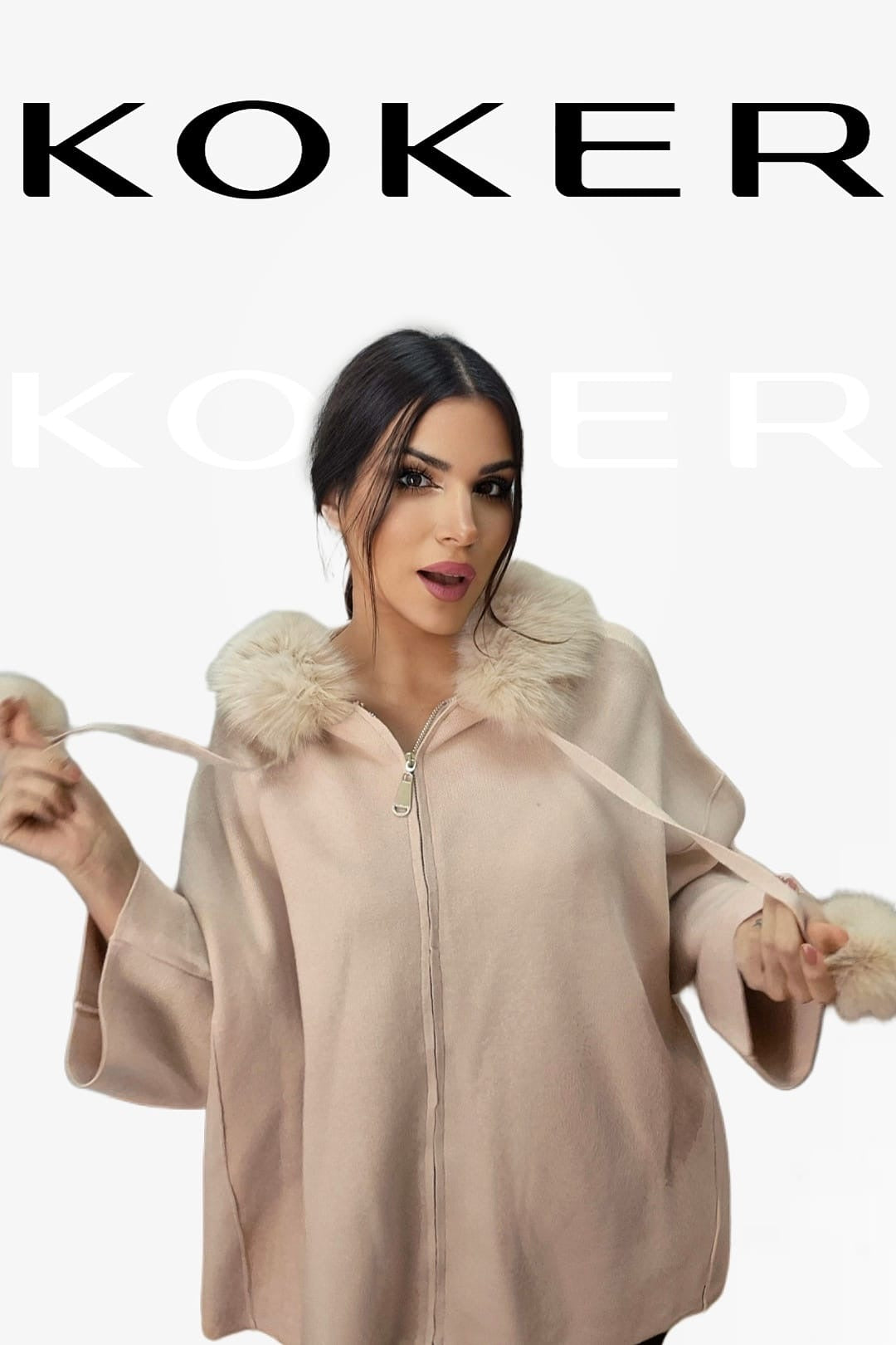 Chaqueta Capucha Pompón Beige