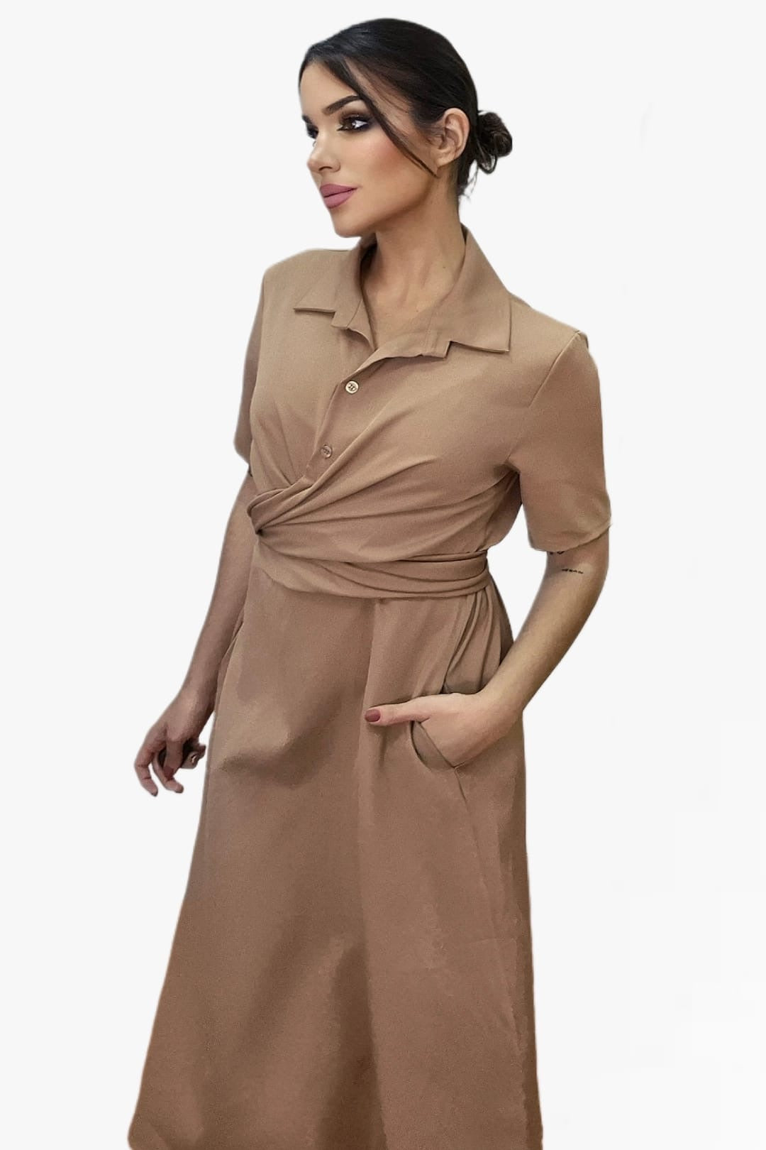 Vestido Escote Cruzado Camel