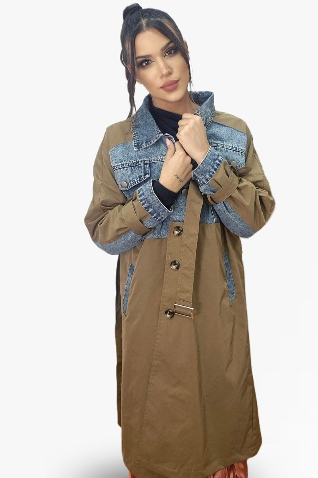 Gabardina Cinturon Combinada Verde