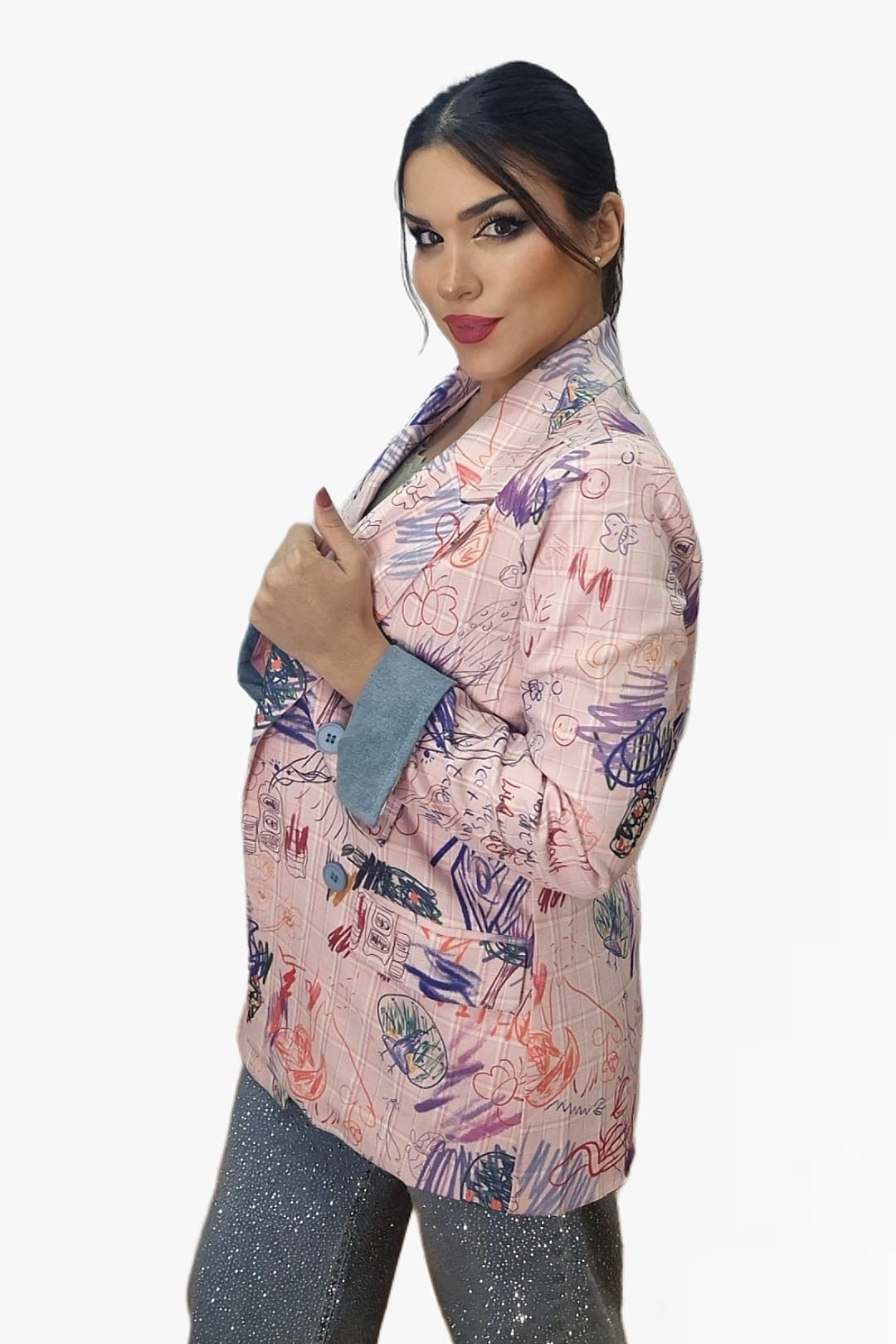 Blazer Cuadros Garabatos Rosa