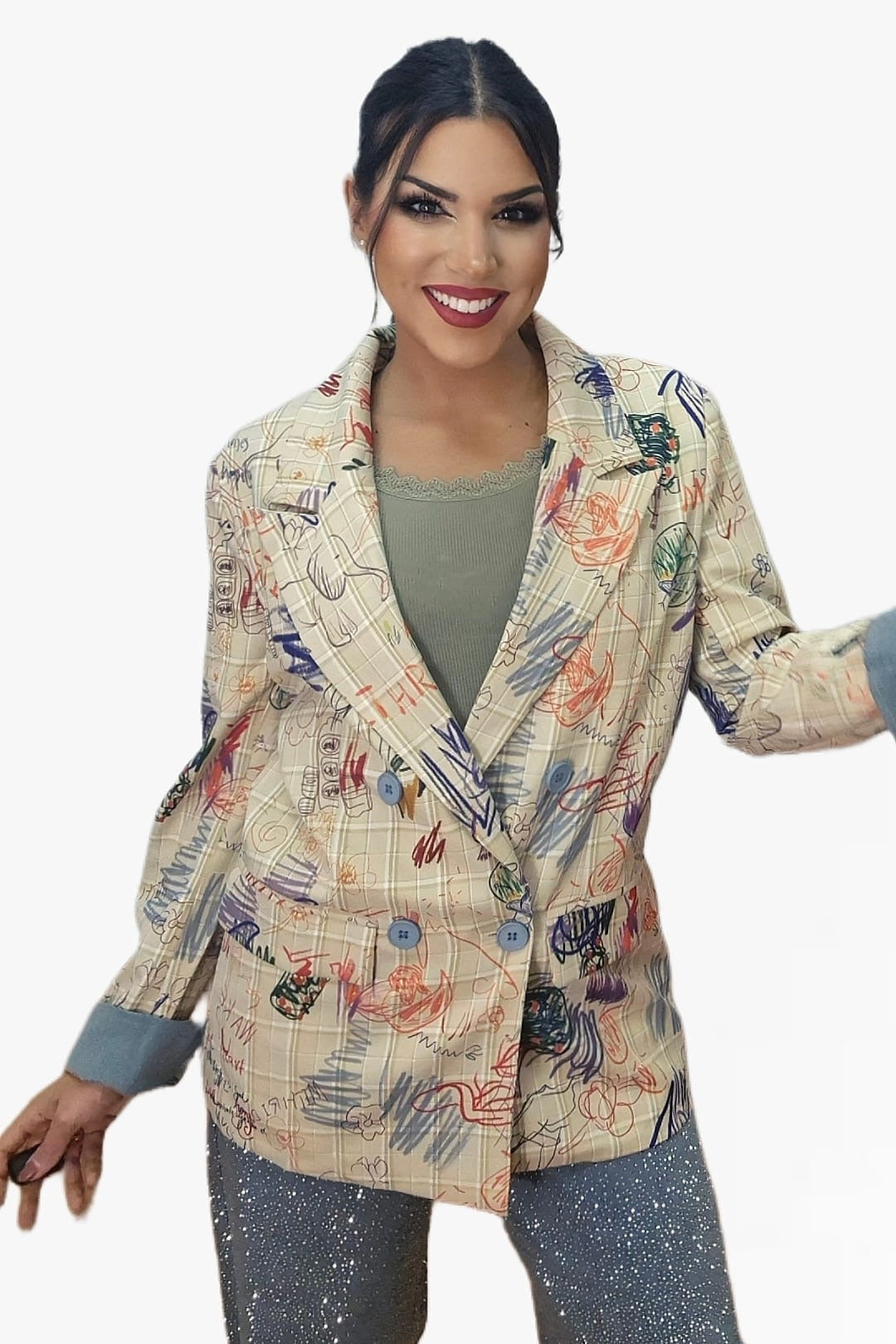 Blazer Cuadros Garabatos Amarilla