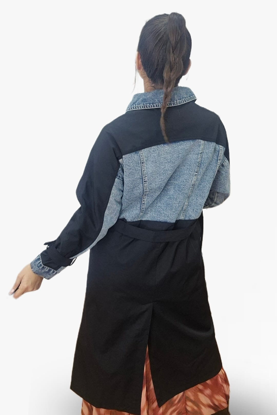 Gabardina Cinturon Combinada Negra