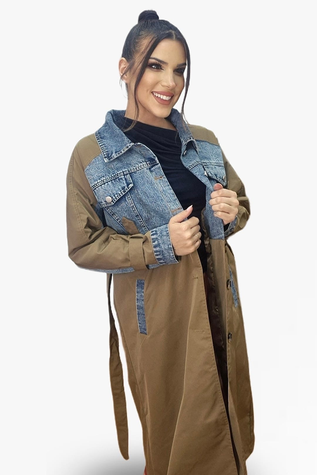 Gabardina Cinturon Combinada Verde