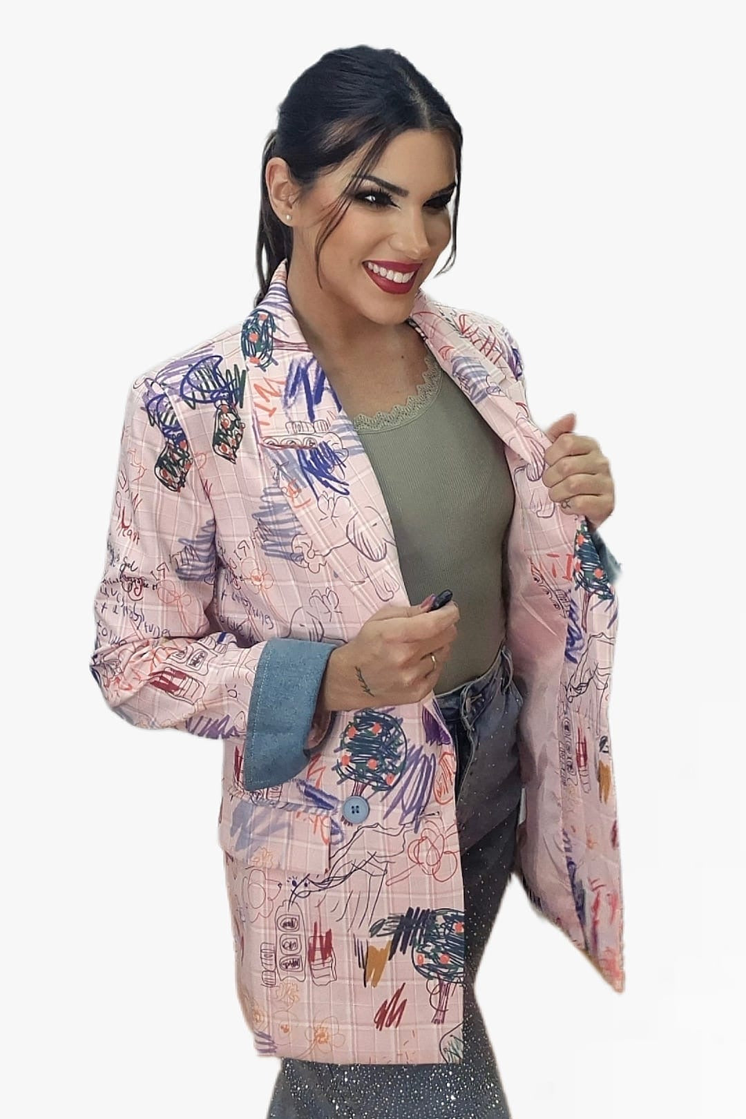 Blazer Cuadros Garabatos Rosa