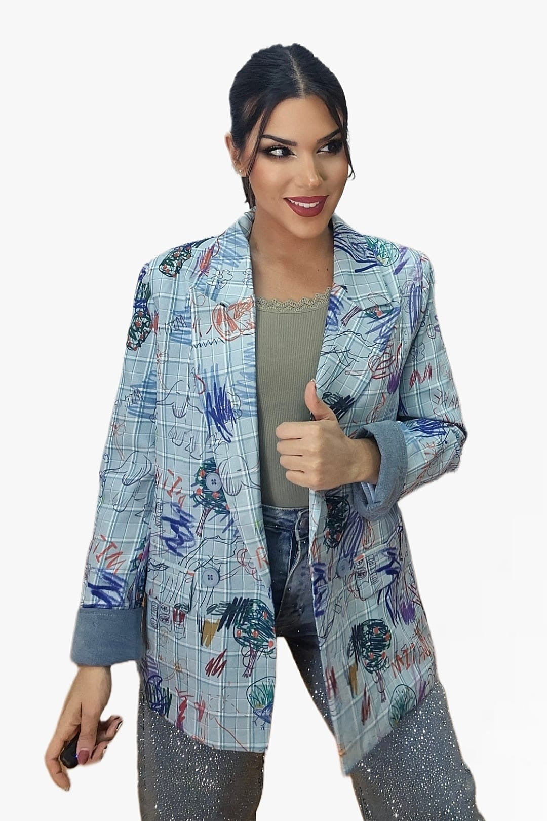 Blazer Cuadros Garabatos Azul