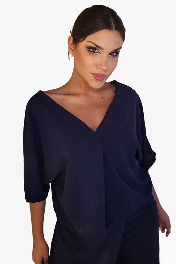 Camisa Escote Fluida Azul Marino