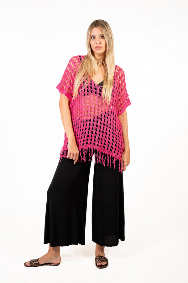 Poncho Croche Flecos Fucsia