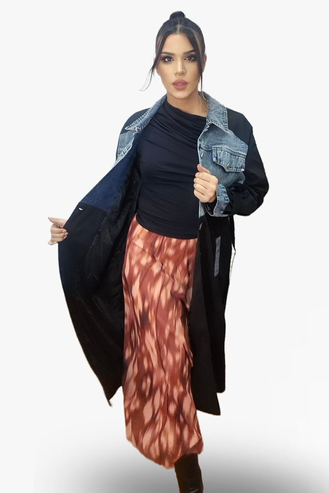 Gabardina Cinturon Combinada Negra