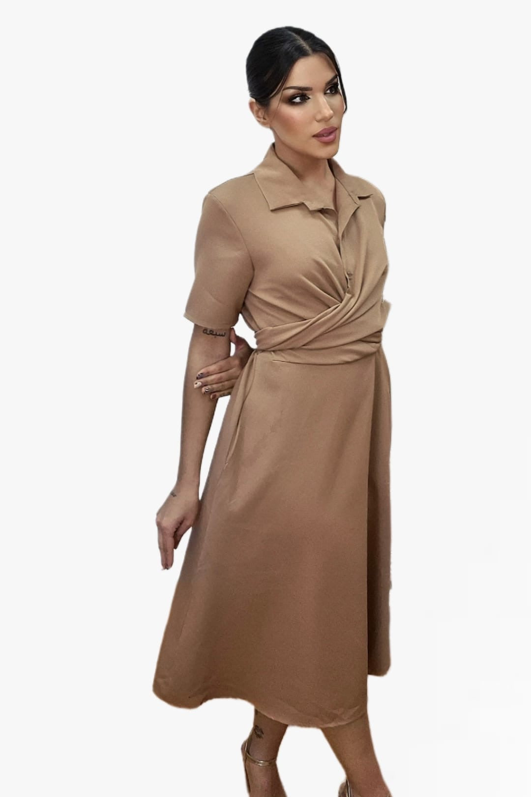Vestido Escote Cruzado Camel