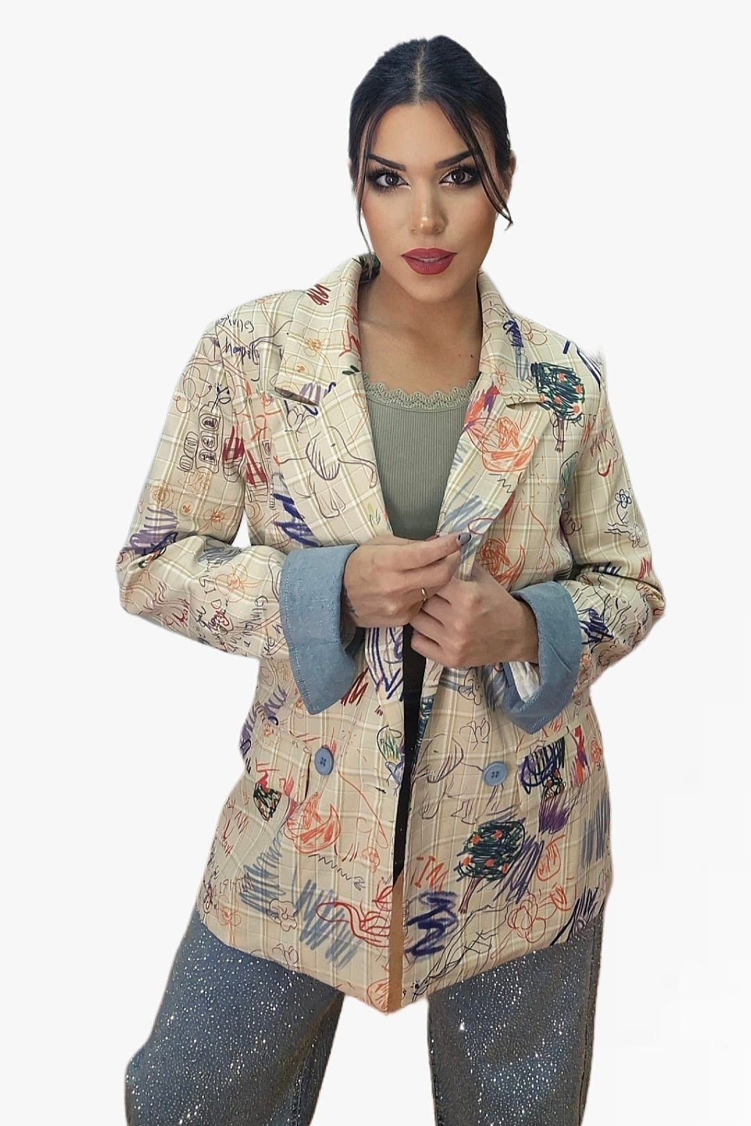 Blazer Cuadros Garabatos Amarilla