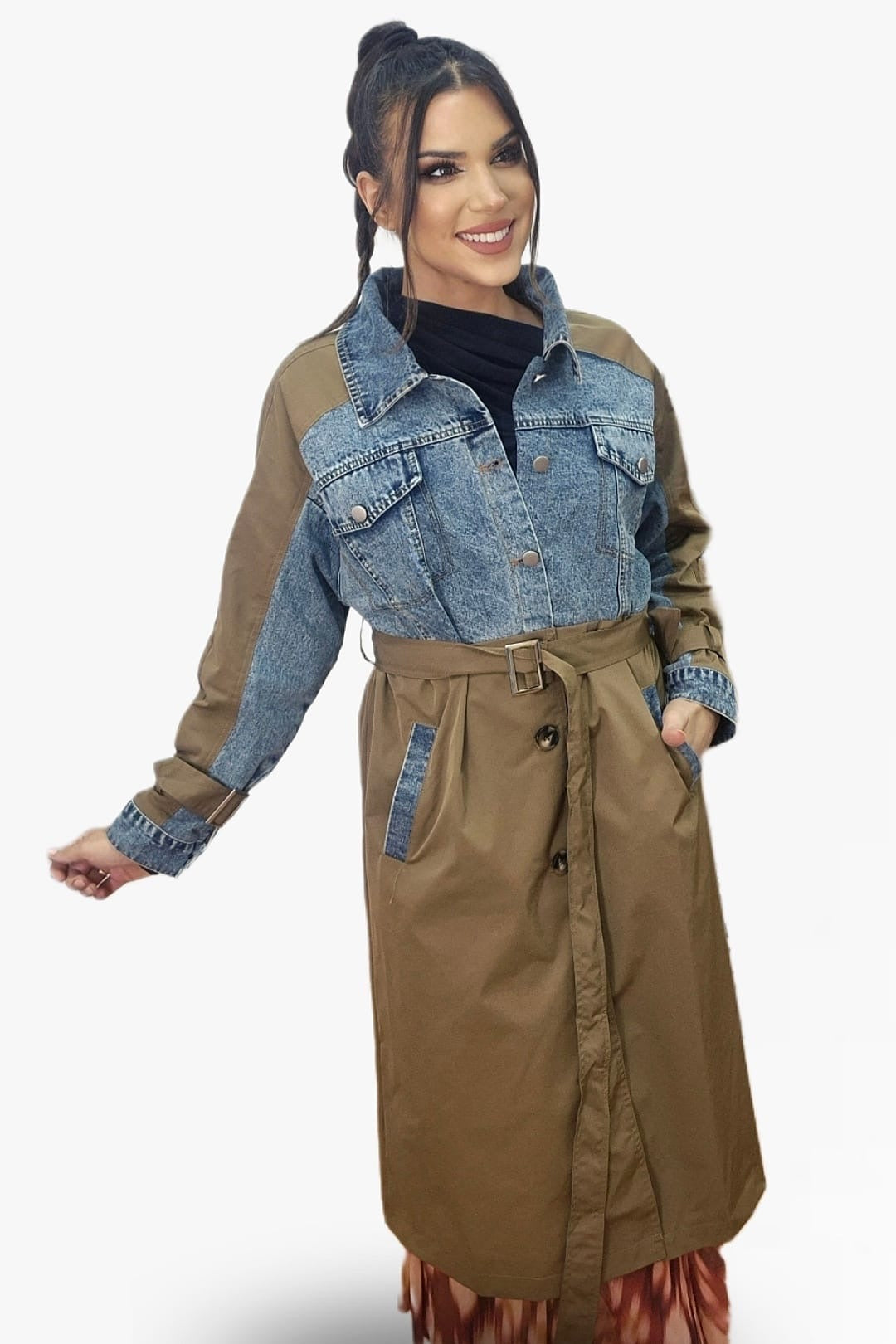 Gabardina Cinturon Combinada Verde