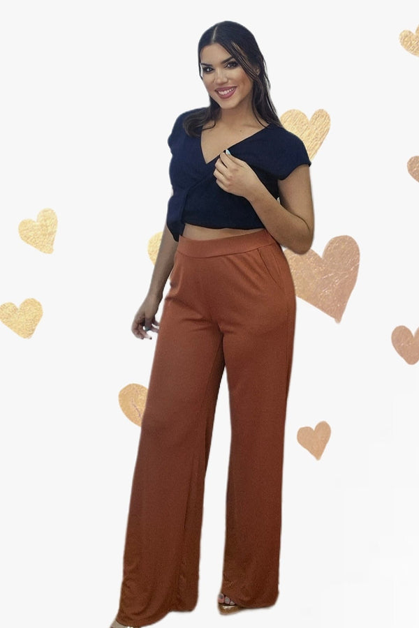Pantalon Fluido Bolsillos Marrón