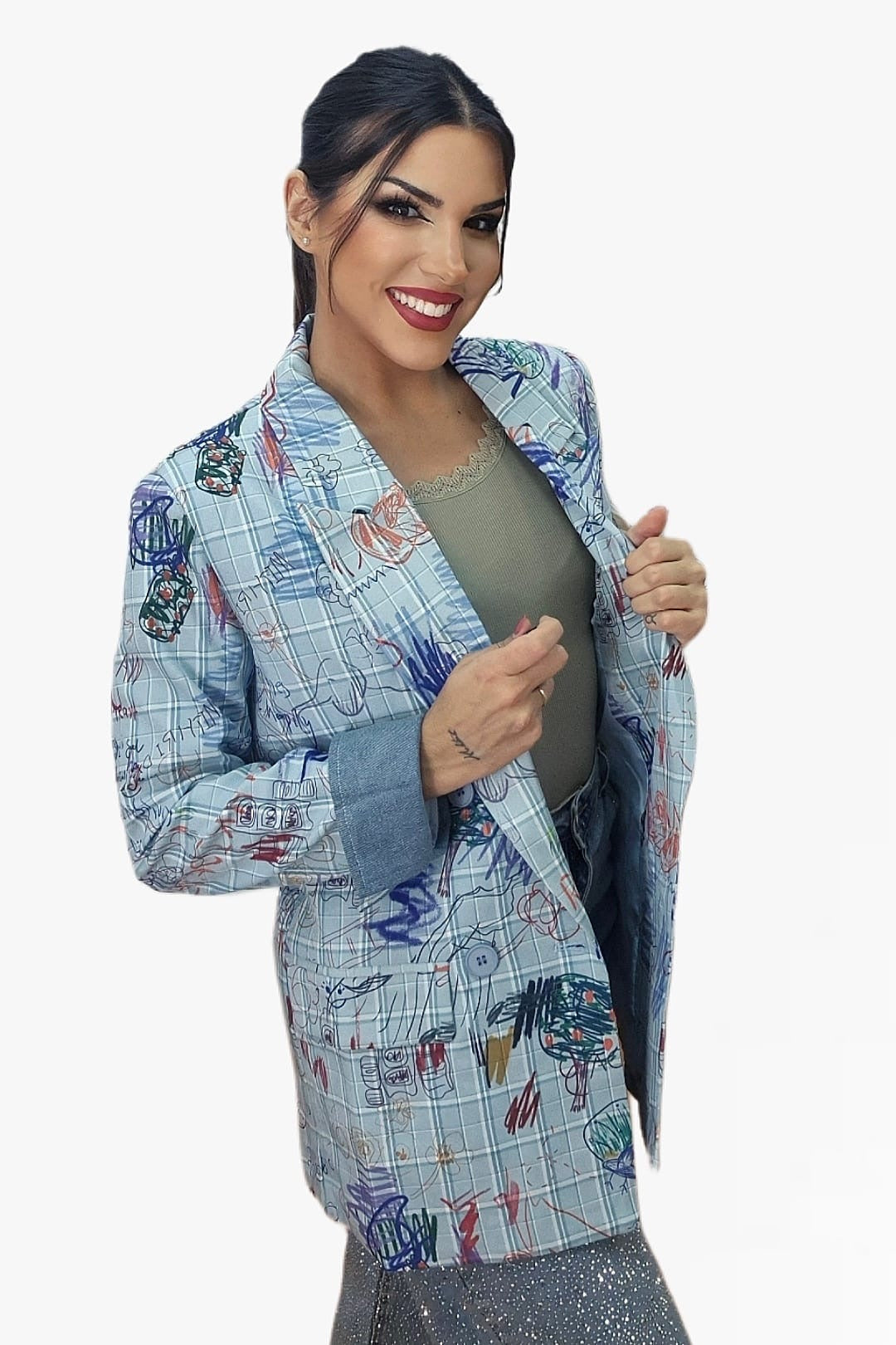 Blazer Cuadros Garabatos Azul