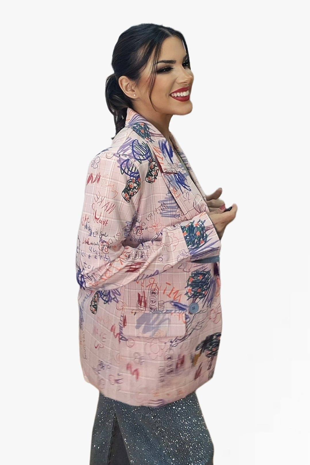 Blazer Cuadros Garabatos Rosa