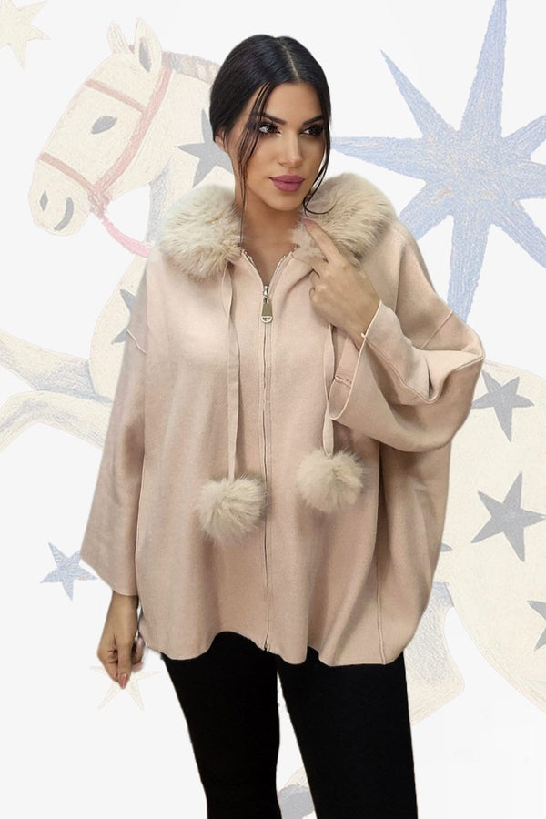 Chaqueta Capucha Pompón Beige
