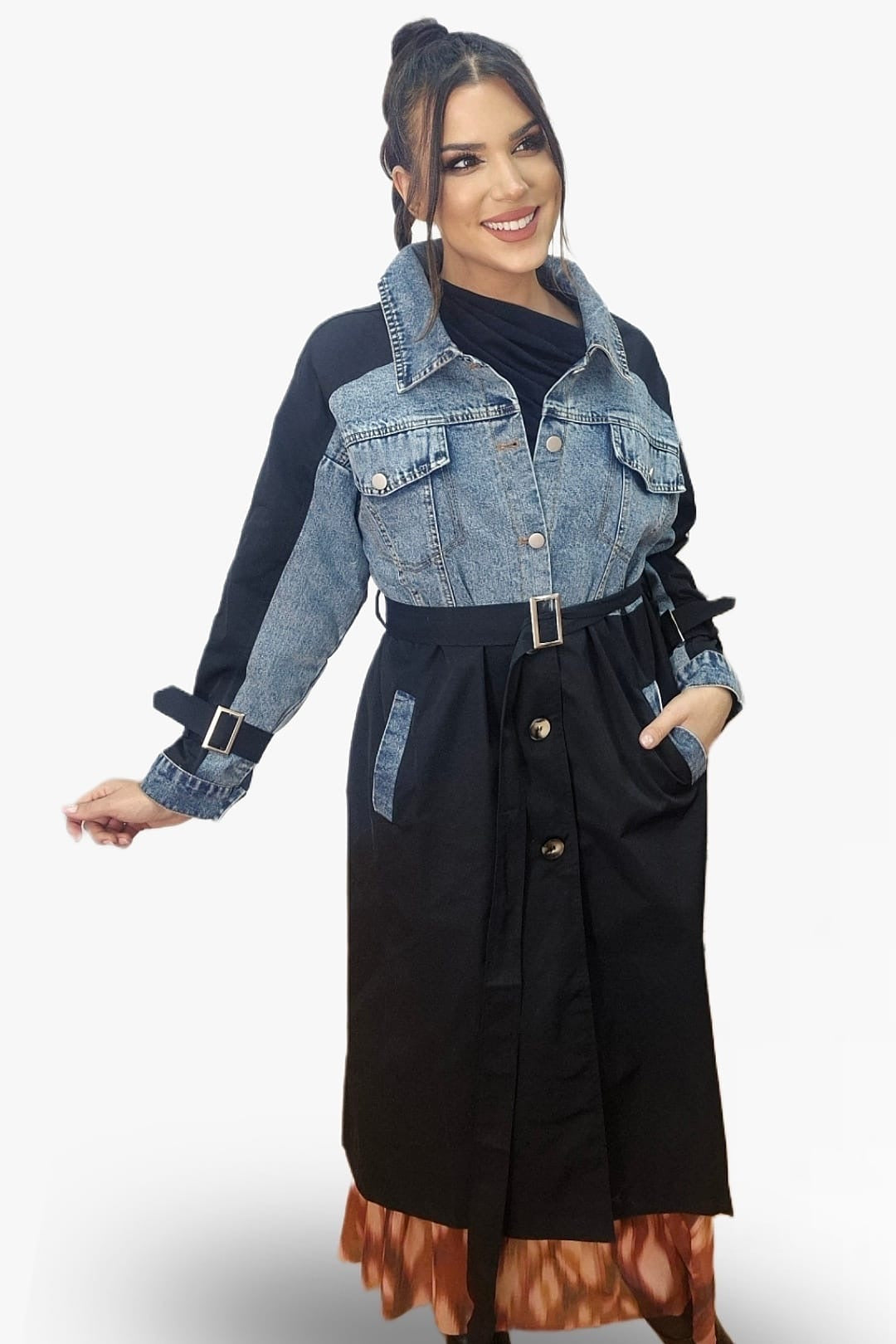 Gabardina Cinturon Combinada Negra