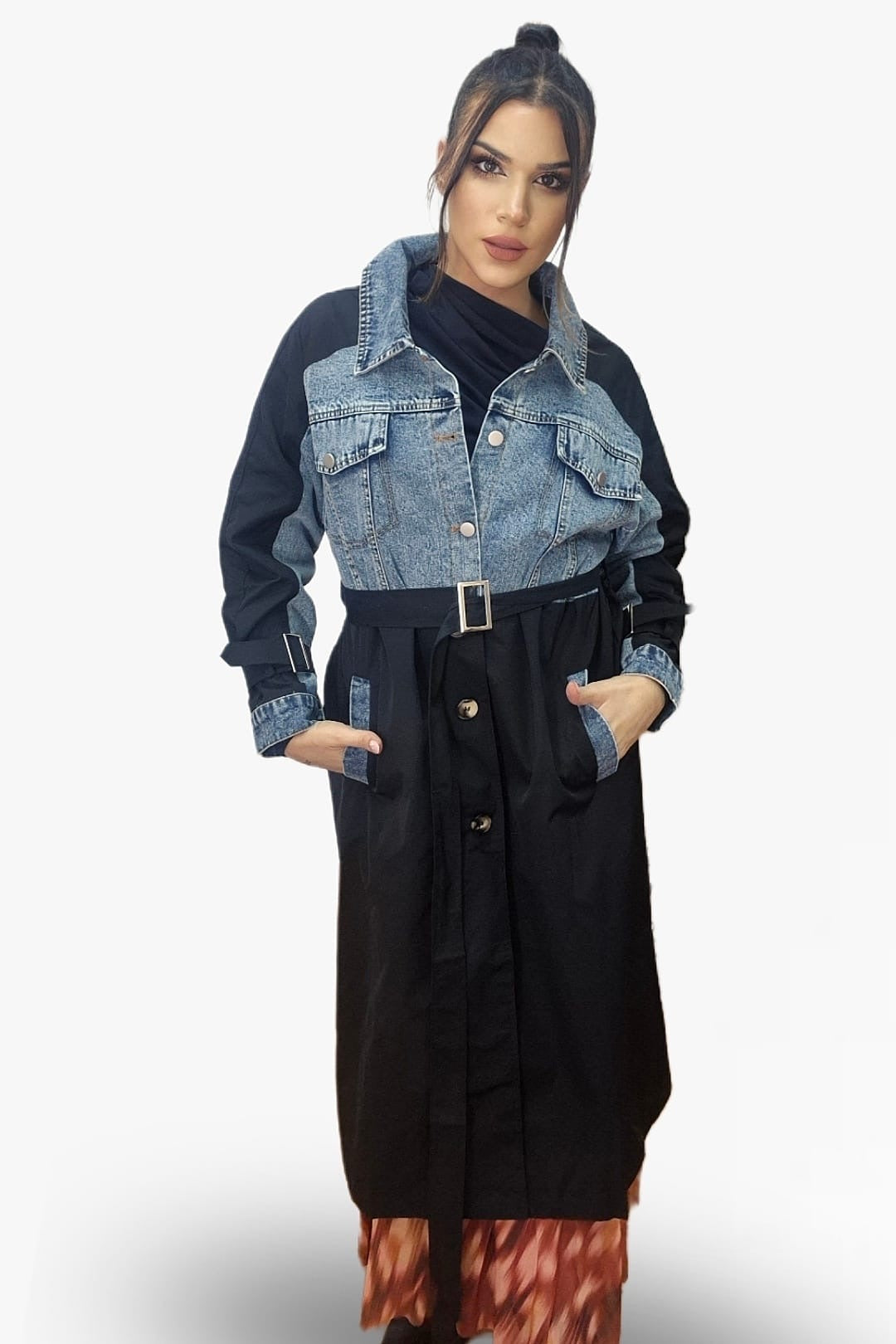 Gabardina Cinturon Combinada Negra