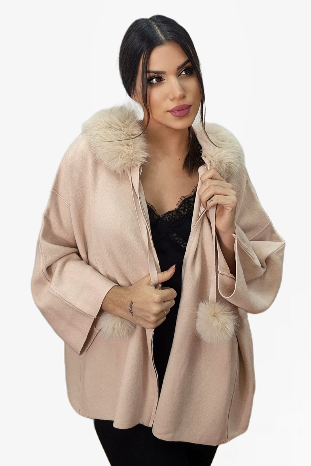 Chaqueta Capucha Pompón Beige