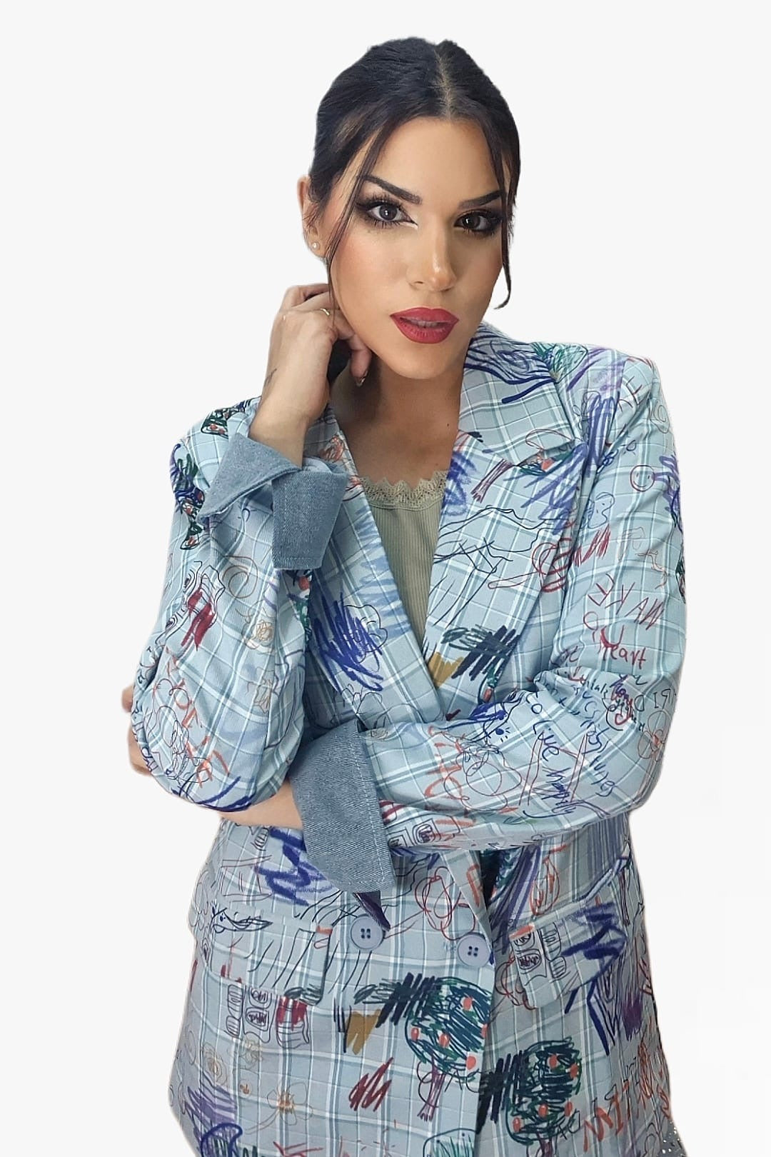 Blazer Cuadros Garabatos Azul