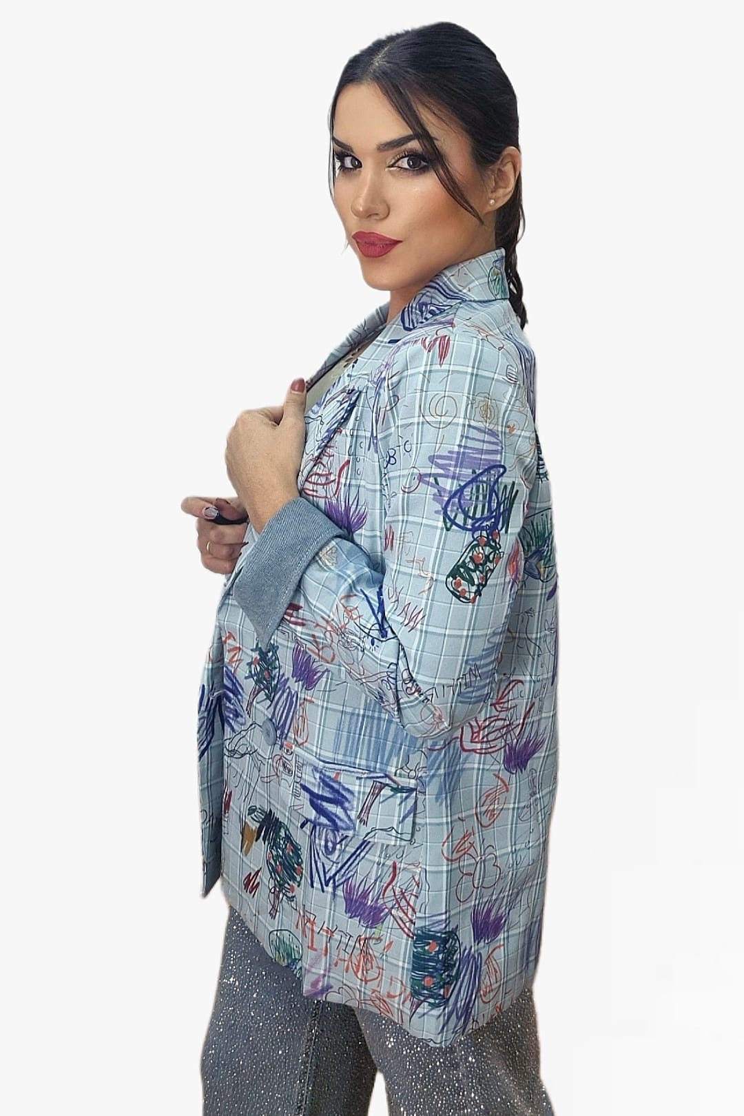 Blazer Cuadros Garabatos Azul