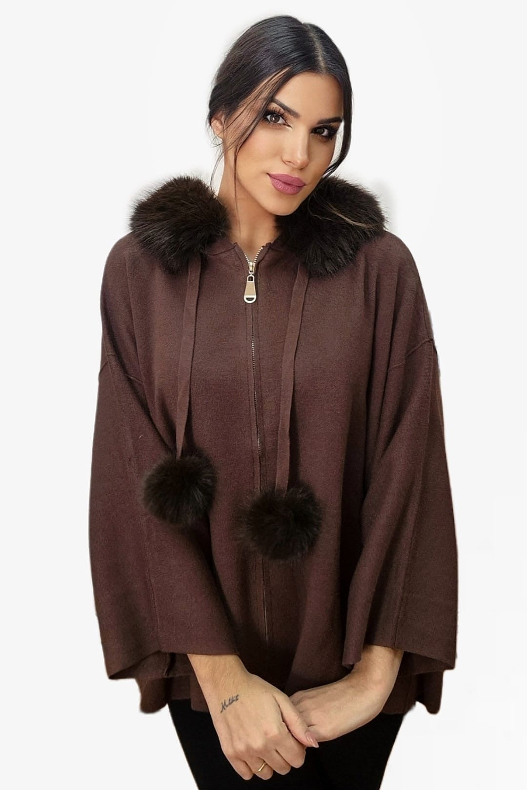 Chaqueta Capucha Pompón Marrón