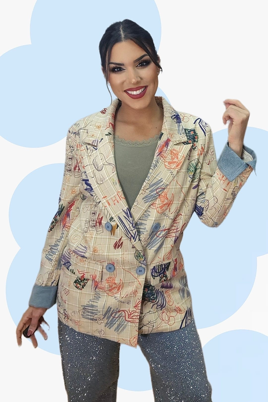 Blazer Cuadros Garabatos Amarilla