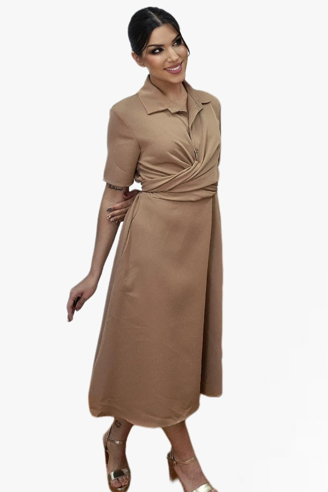 Vestido Escote Cruzado Camel