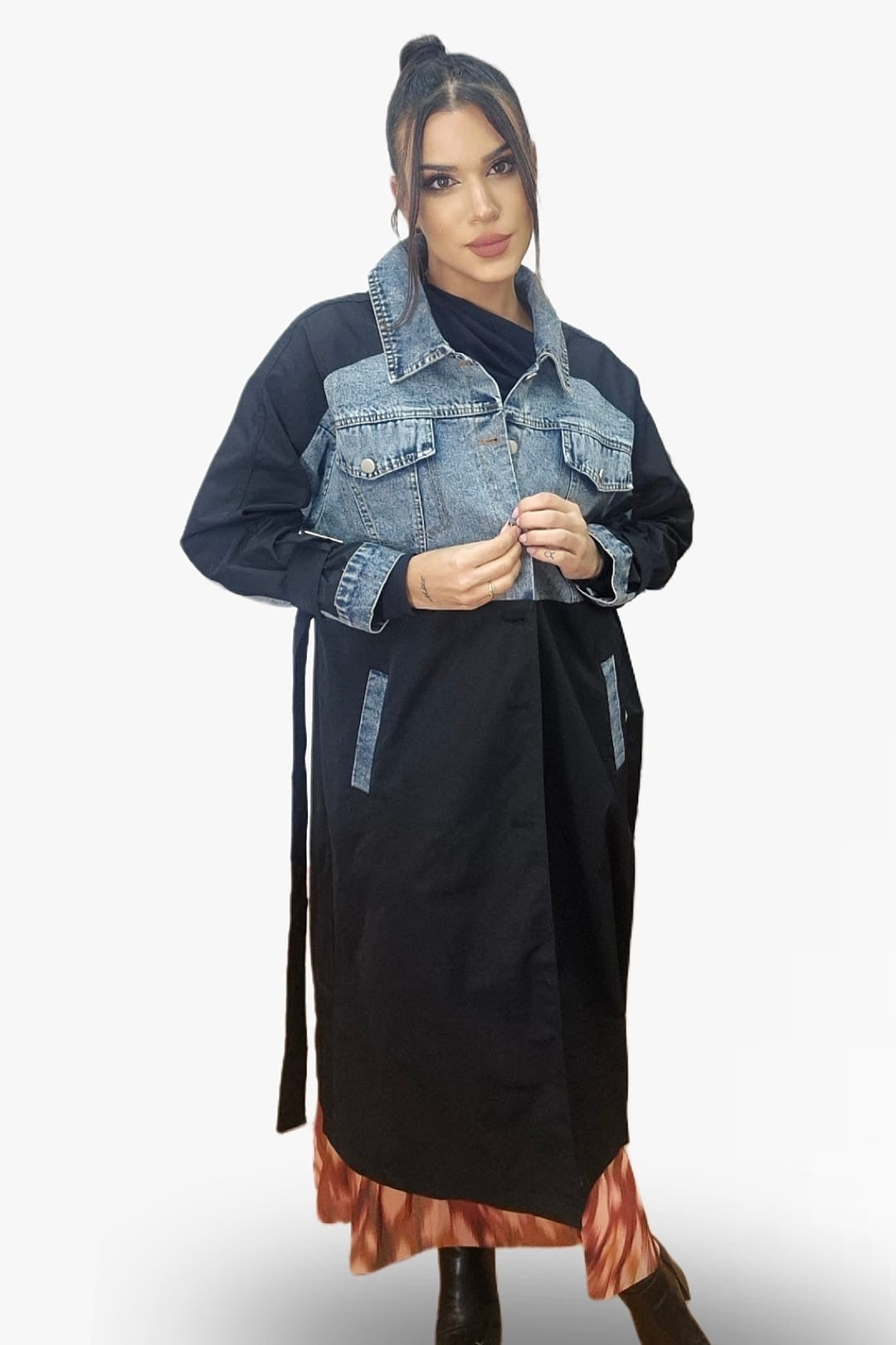 Gabardina Cinturon Combinada Negra