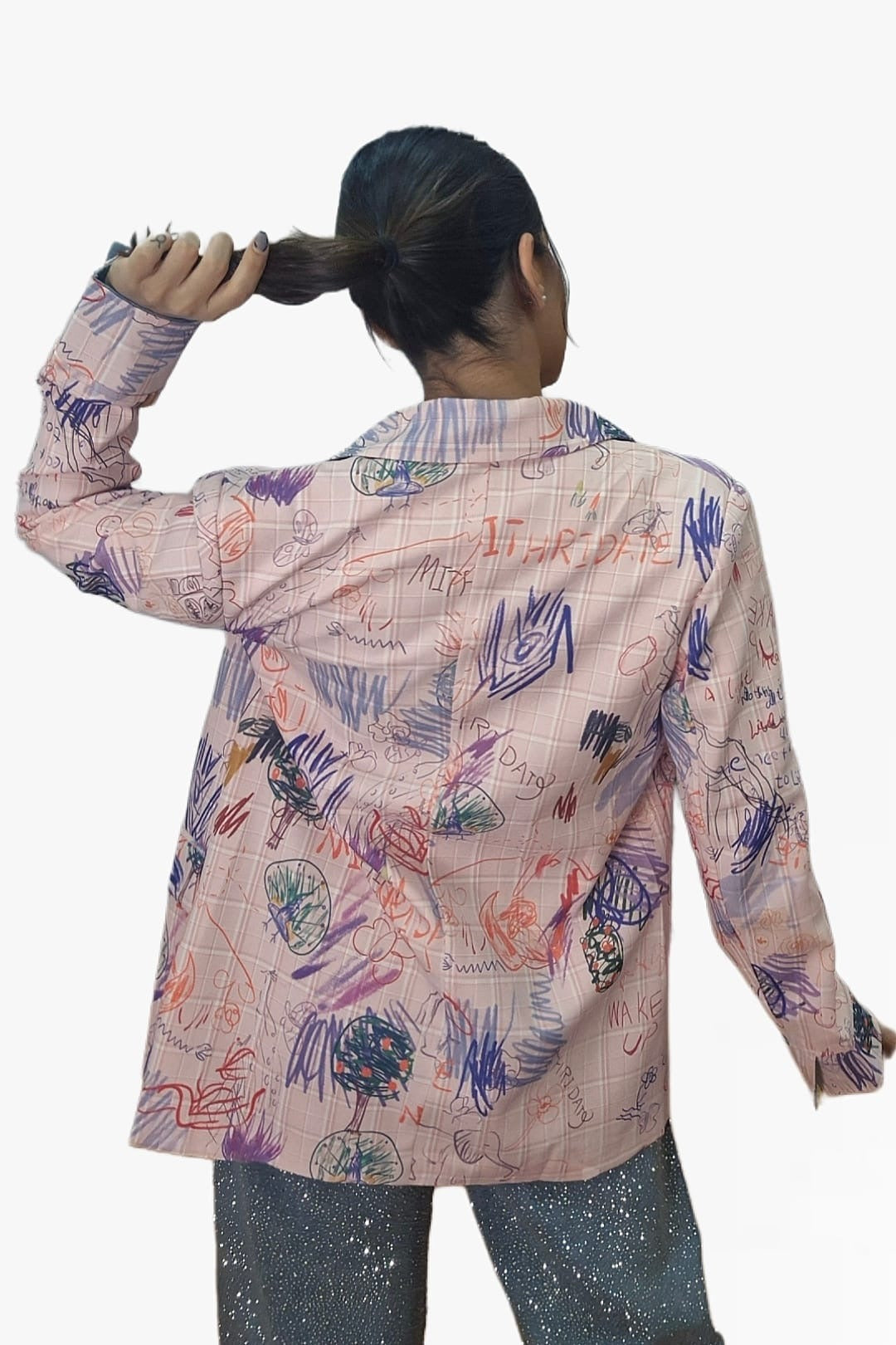 Blazer Cuadros Garabatos Rosa