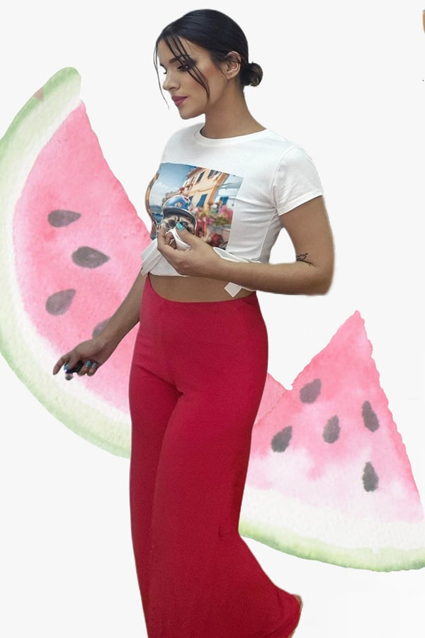 Pantalon Punto Fluido Rojo