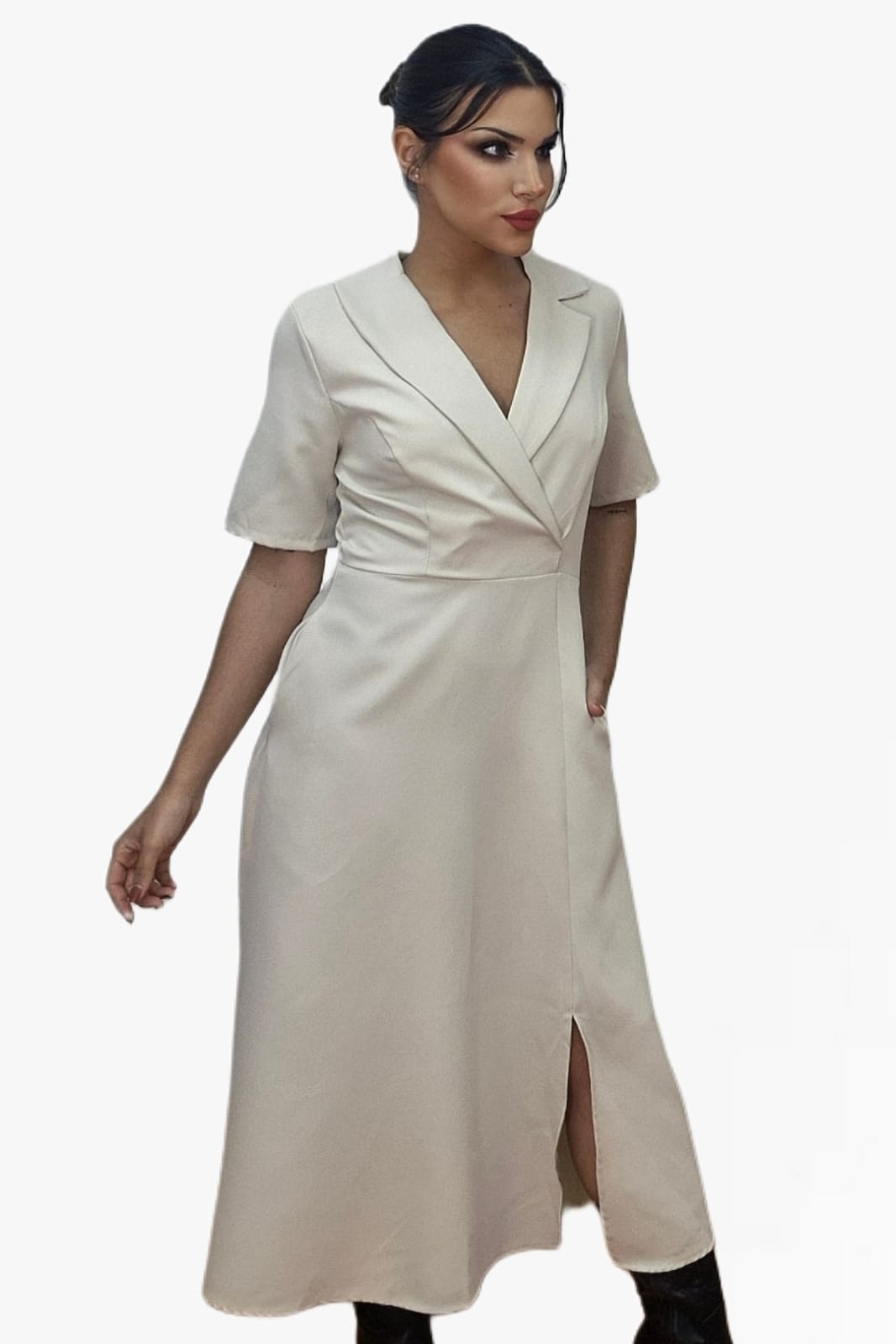 Vestido Camisero Cintura Elastica Beige