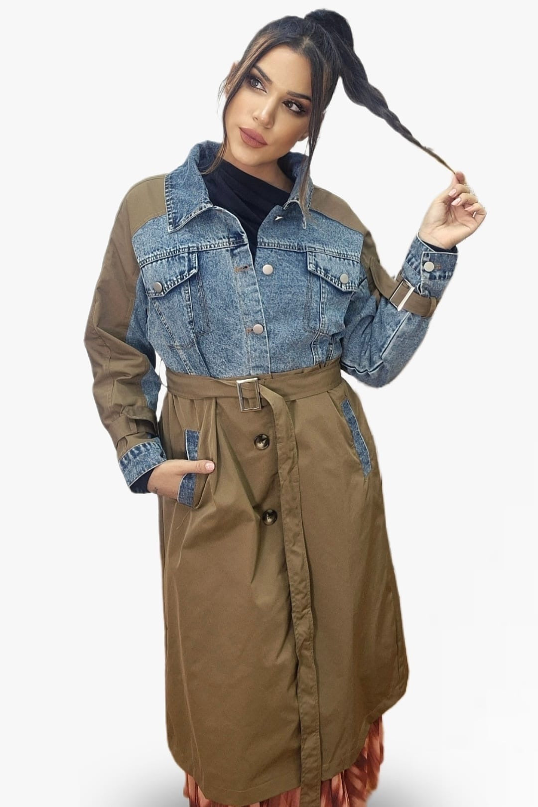 Gabardina Cinturon Combinada Verde