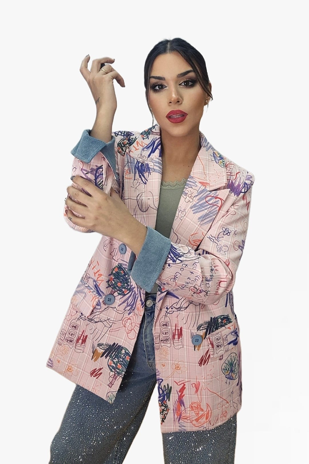 Blazer Cuadros Garabatos Rosa