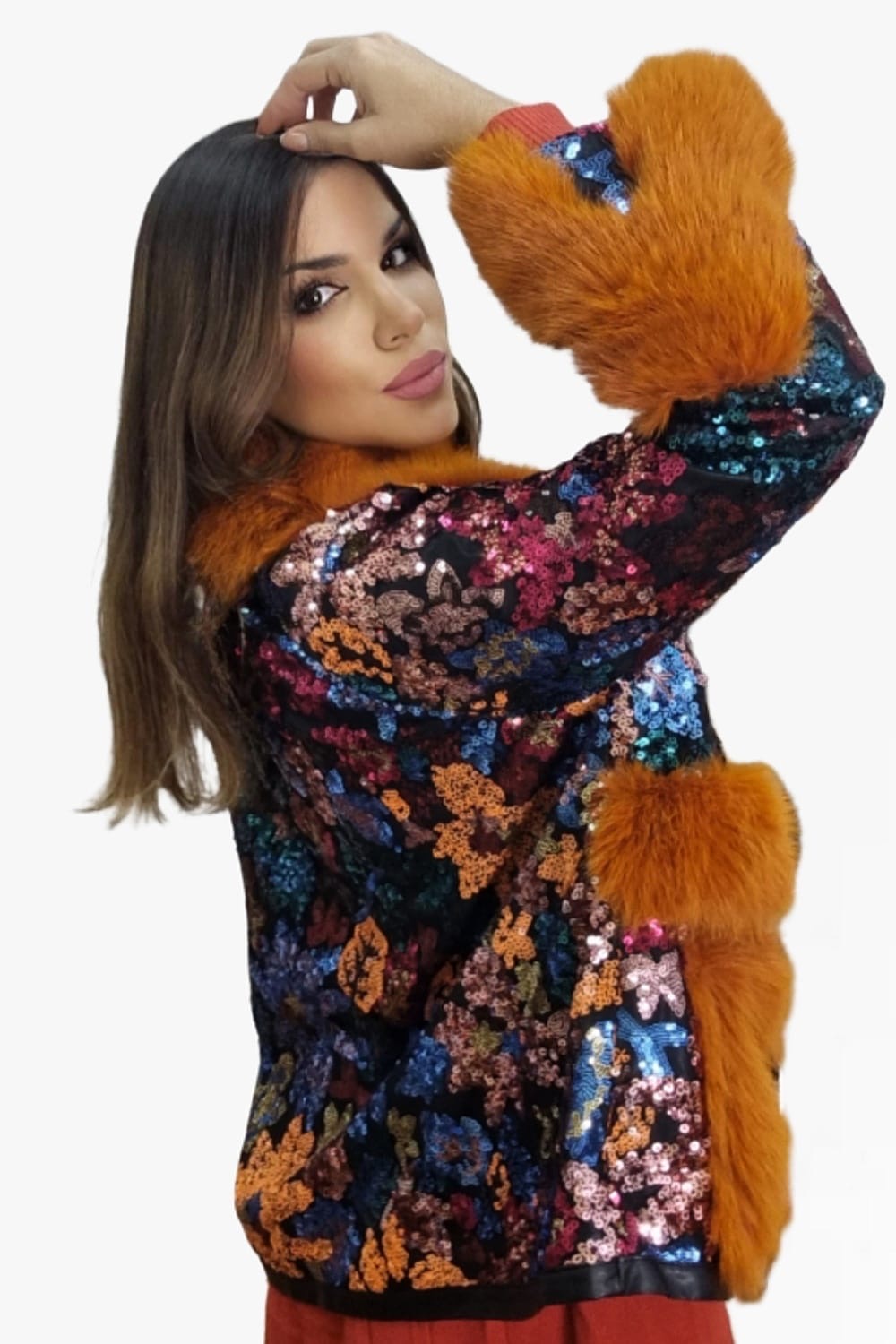 Abrigo Peluche Lentejuela Naranja