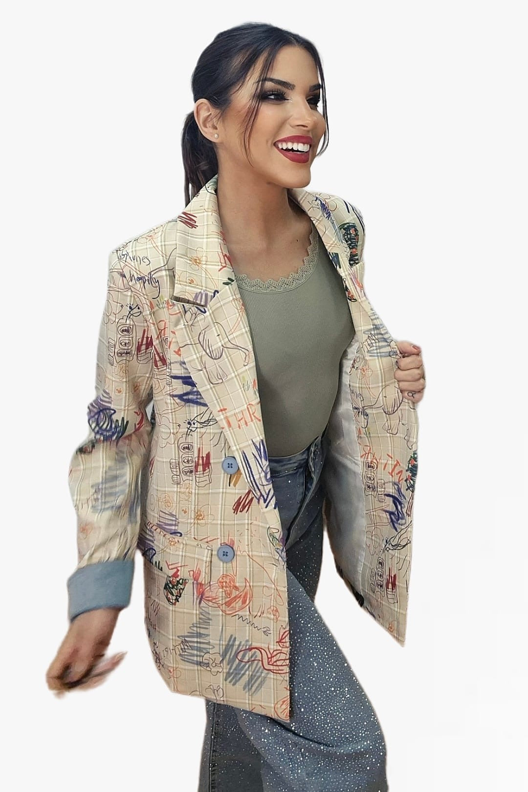 Blazer Cuadros Garabatos Amarilla
