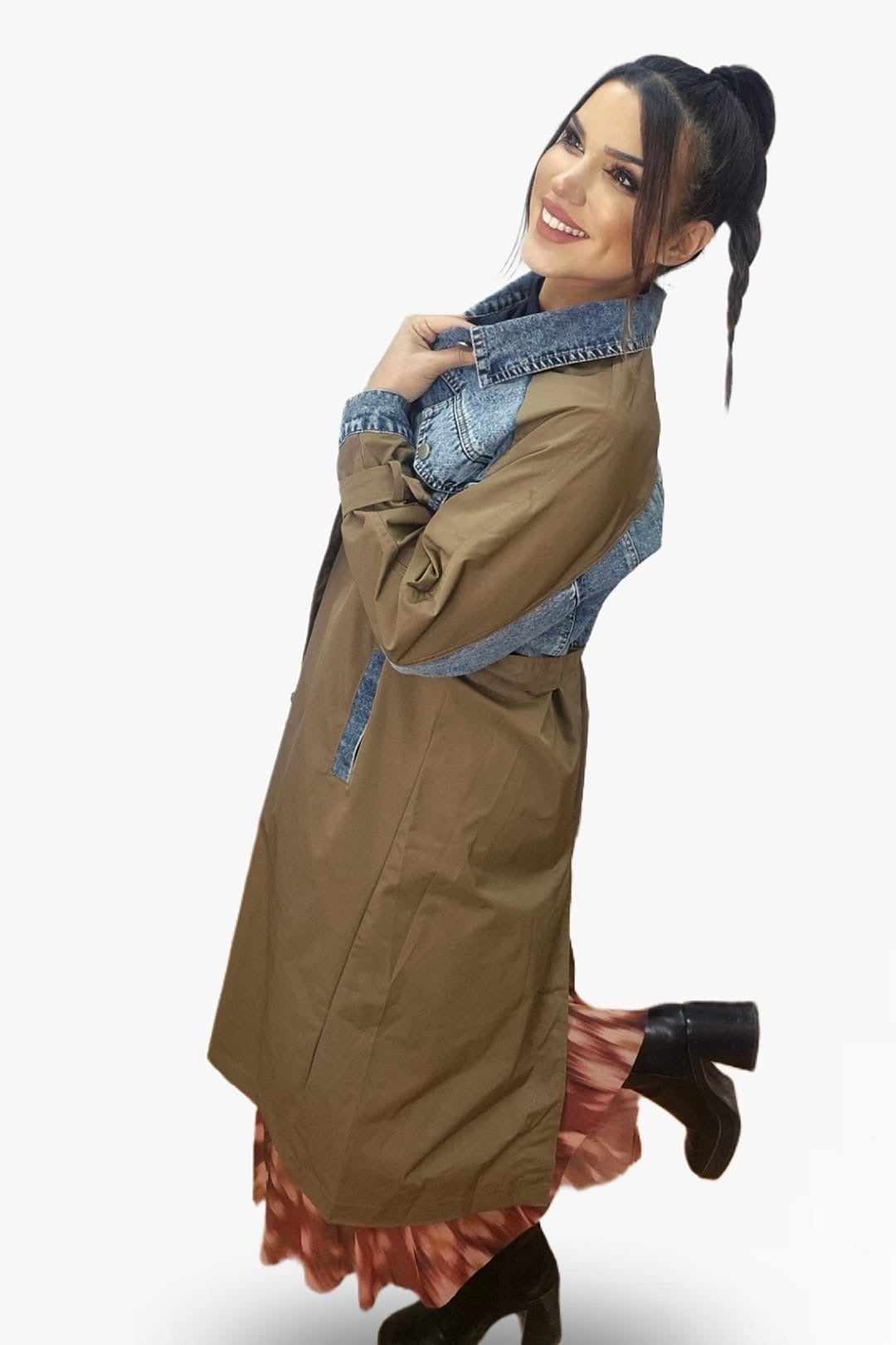 Gabardina Cinturon Combinada Verde