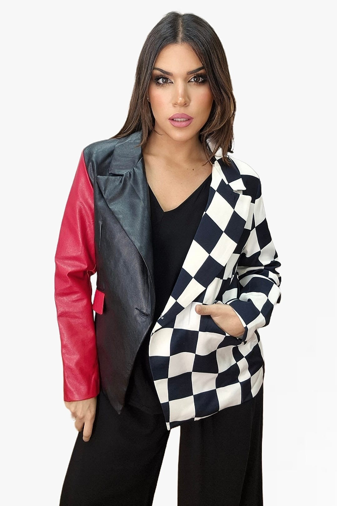 Blazer Combinada Damero Bicolor Rojo
