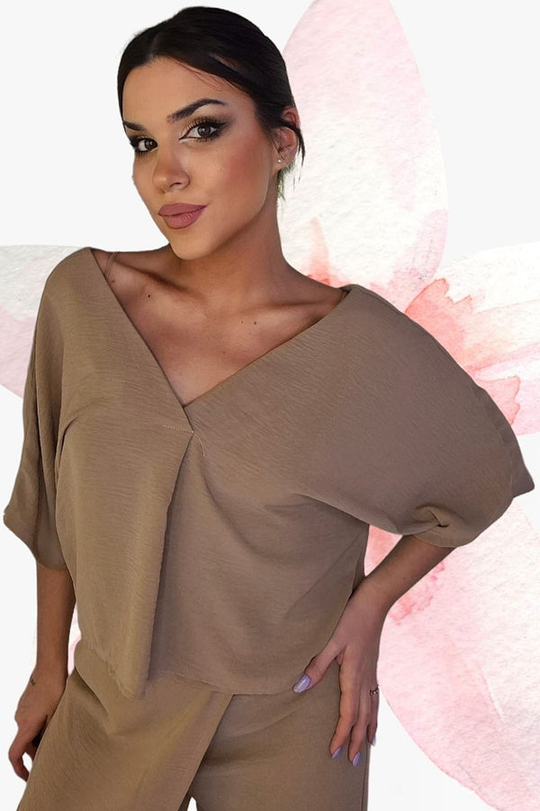 Camisa Escote Fluida Marrón