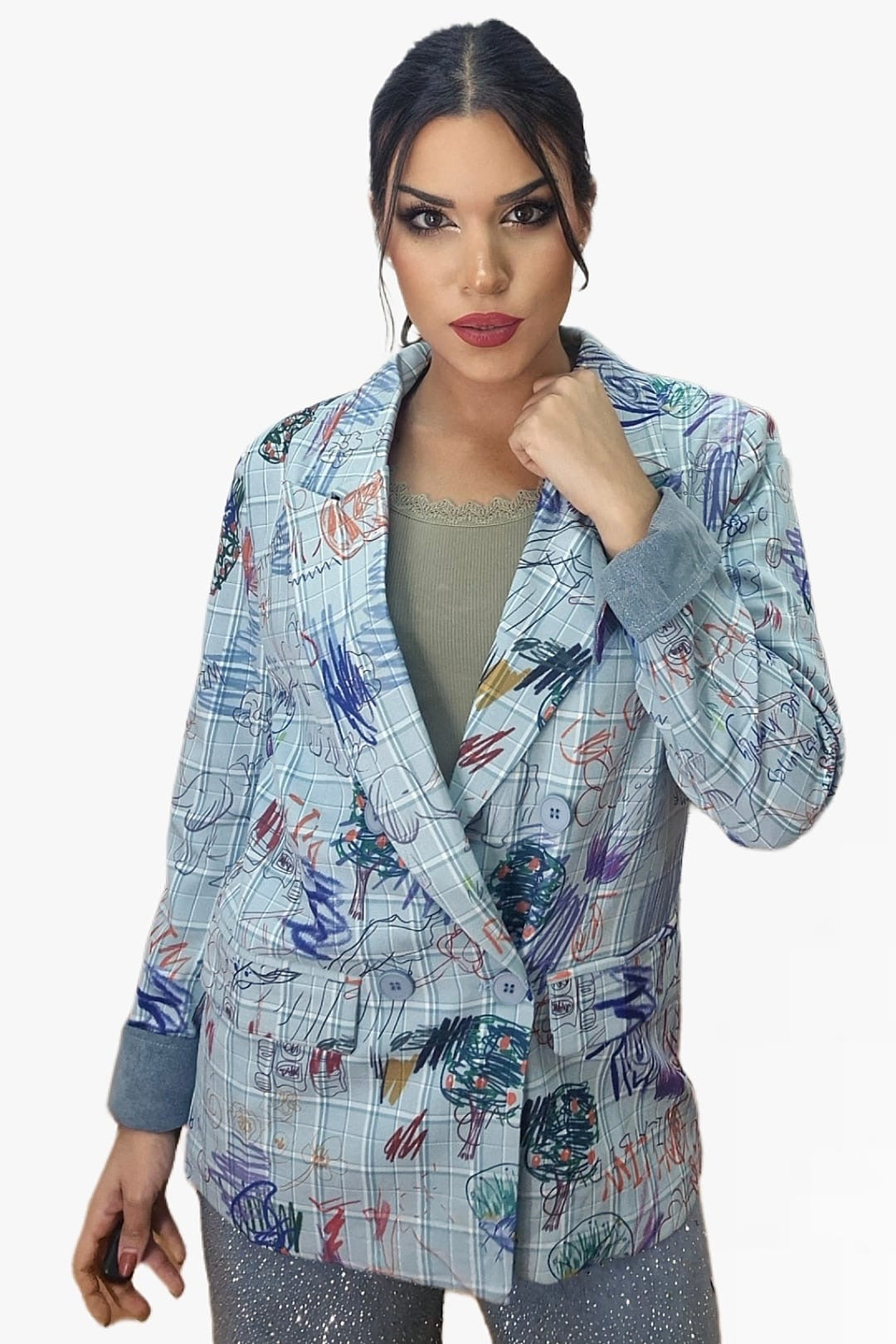 Blazer Cuadros Garabatos Azul