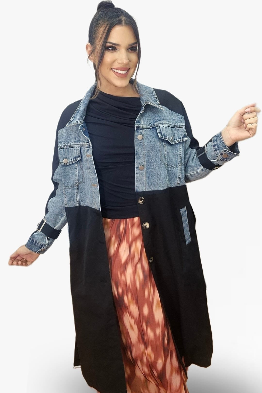 Gabardina Cinturon Combinada Negra