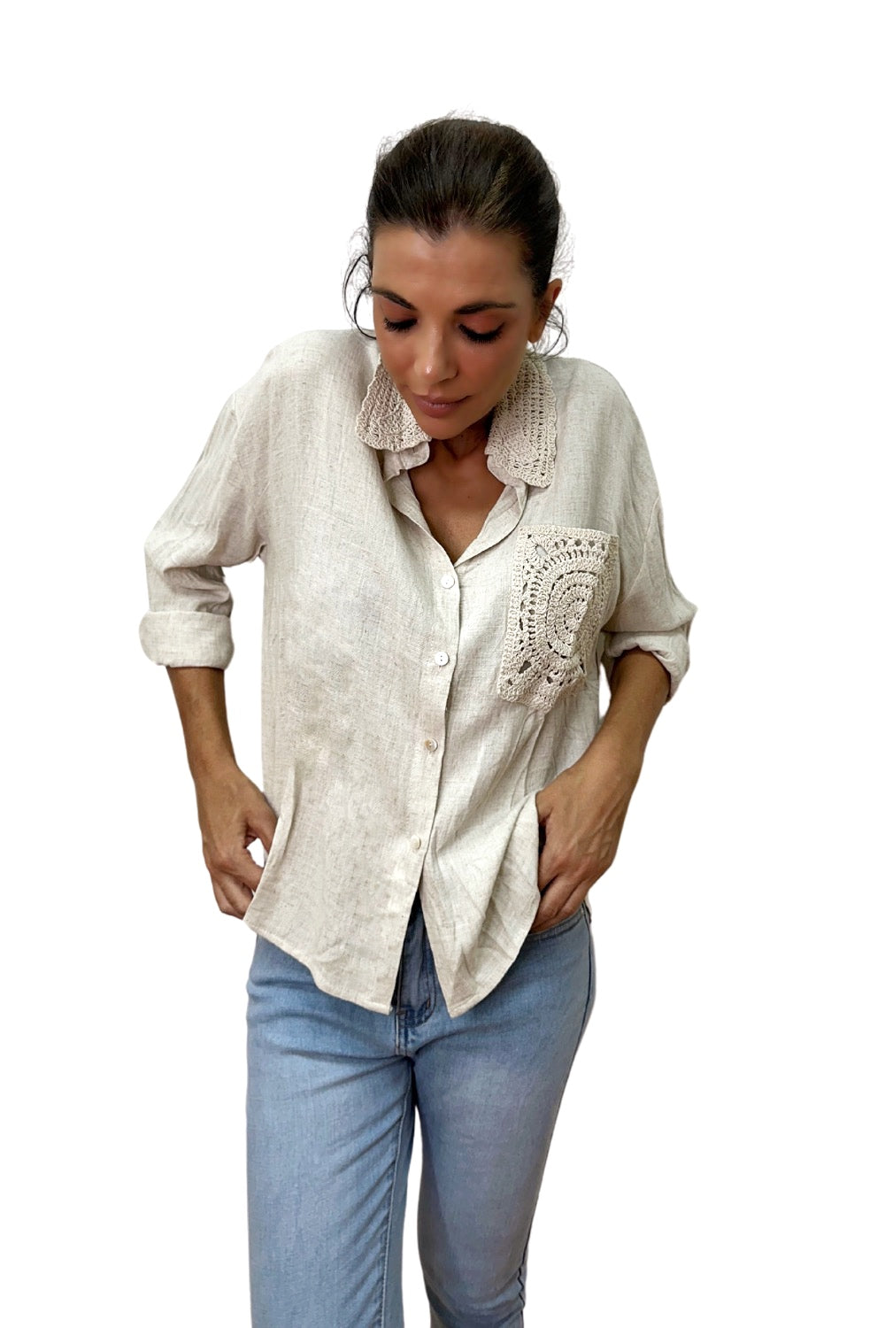 Blusa bolsillo ganchillo Beige