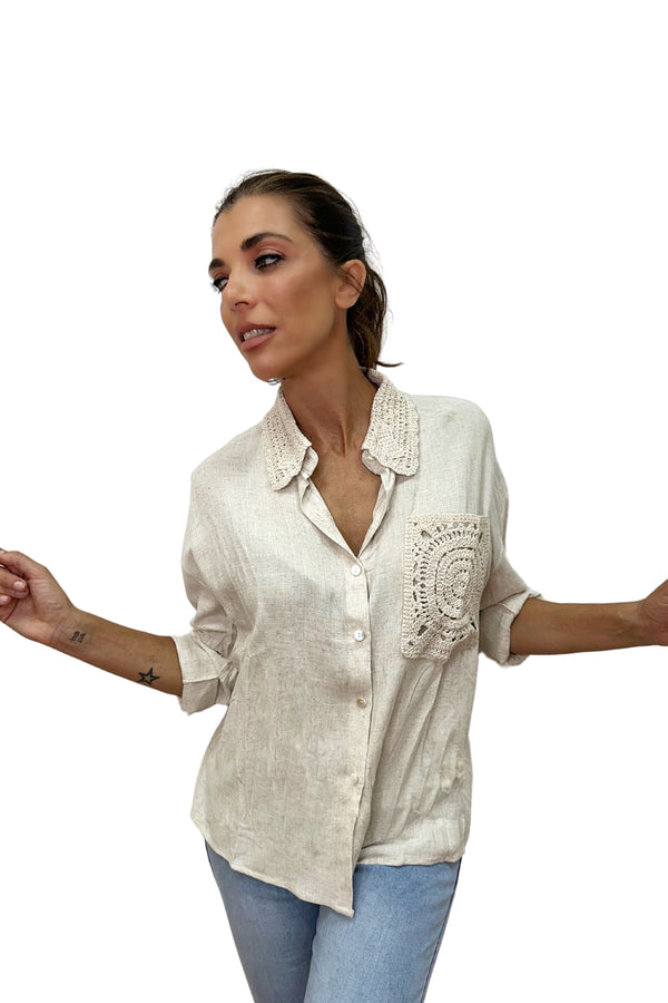 Blusa bolsillo ganchillo Beige