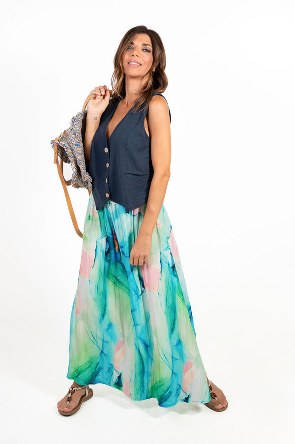 Falda Fluida Tie-Dye Turquesa