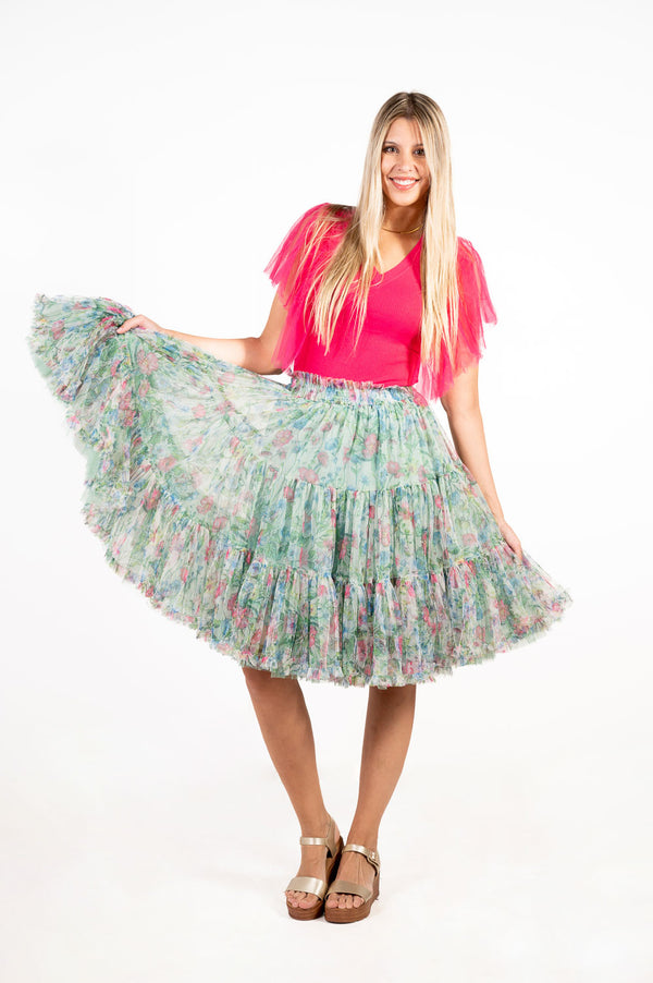 Falda Tul Flores Verde